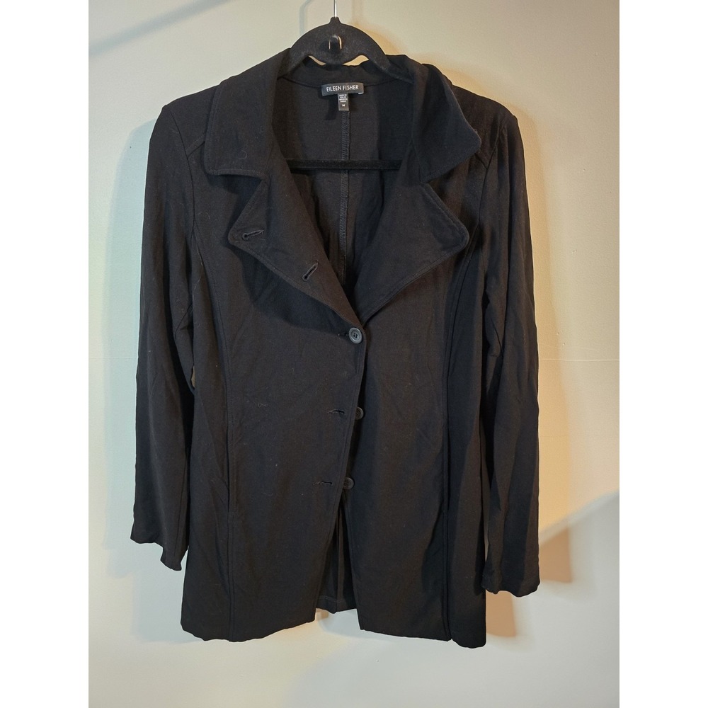 Eileen Fisher Black Crepe‎ Jacket Coat Medium Dark Academia Elevated Basics
